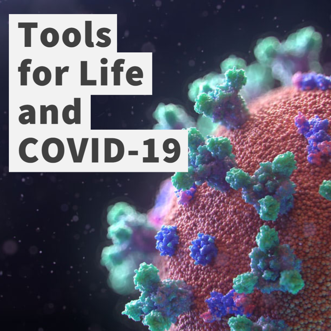 A close-up image of a pink and blue virus. To the left reads Tools for Life and COVID-19